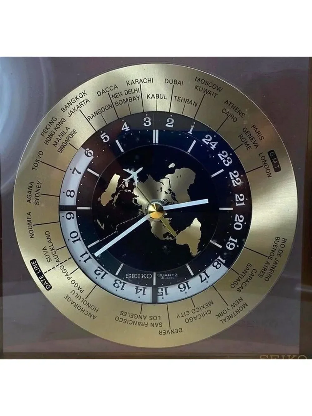 Vintage Seiko World Time Desk Clock Quartz Brass Glass Japan QZ885A Working 8.5